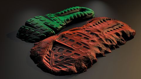 3D-Visualisierung einer mit dem neuen Verfahren gesicherten Schuheindruckspur (rot) und des Vergleichsschuhs (grün).