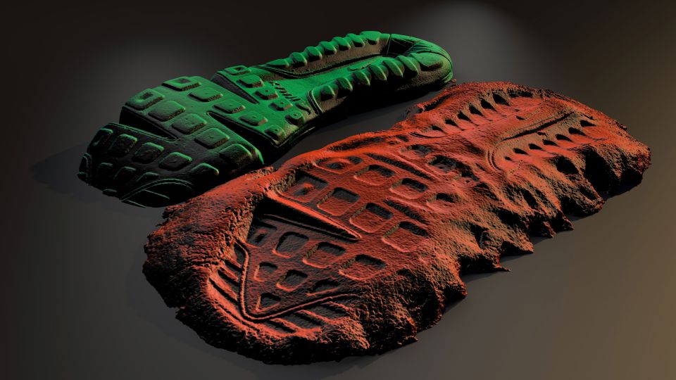 3D-Visualisierung einer mit dem neuen Verfahren gesicherten Schuheindruckspur (rot) und des Vergleichsschuhs (grün).